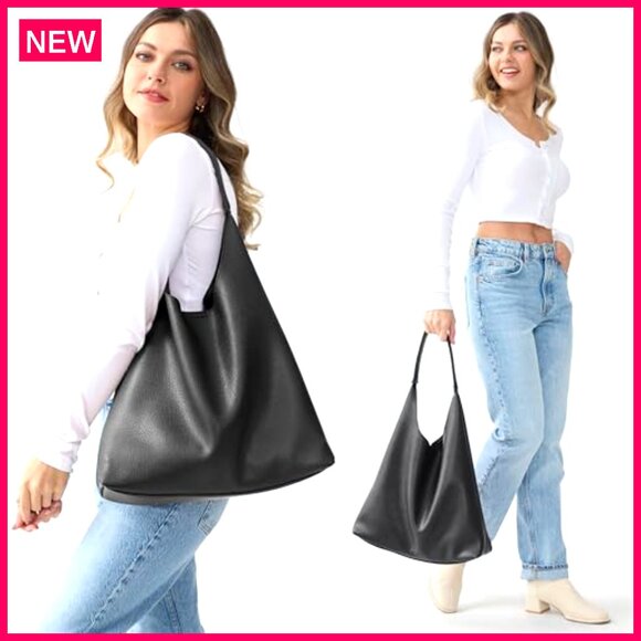 Large Vegan Leather Hobo Tote Bag with Interior Pocket for Laptop - Picture 3 of 7